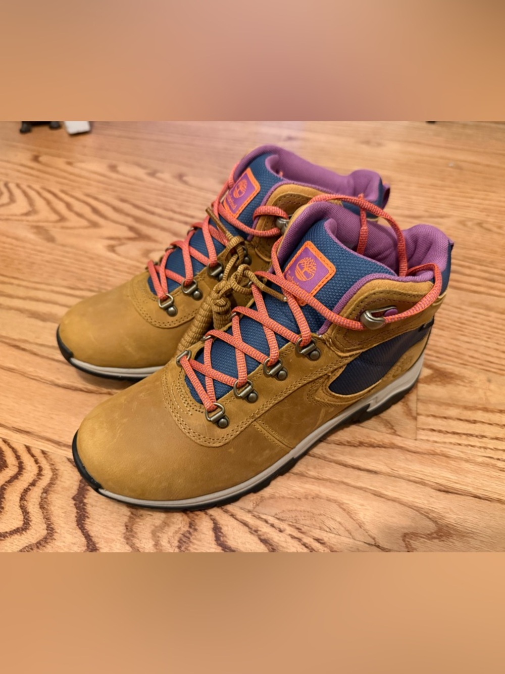 Timberland Wheat Nubuck Hiking Boots with Blue and Purple Accents
